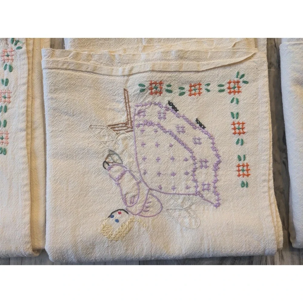 Set of 6 Vintage Hand Embroidered Flour Sack Towels, Days of the Week Linens